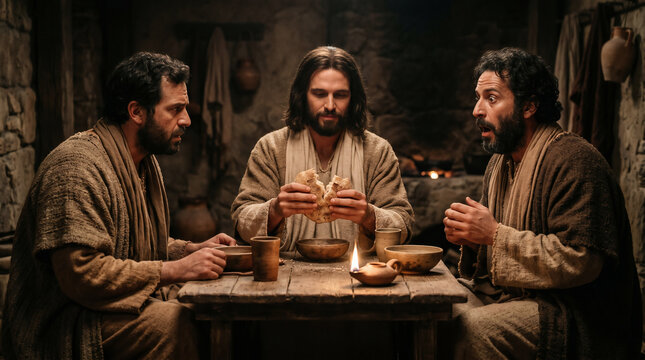 The two disciples at Emmaus suddenly recognizing Jesus the exact moment he breaks the bread
