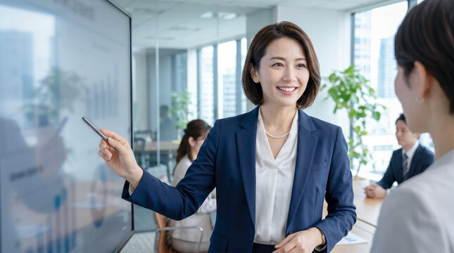 オフィスでプレゼンを行う女性リーダーのキャリアウーマン