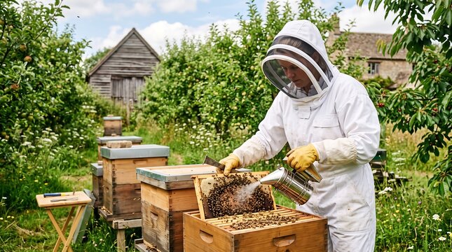 Professional beekeeper in white protective suit using smoker on beehive, apiary in rural orchard garden, honey production and bee farming