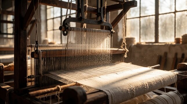 Vintage wooden loom weaving white fabric in old workshop. Close up view of textile machine with fine threads, water spray mist. Traditional artisan craft process uses manual equipment under bright