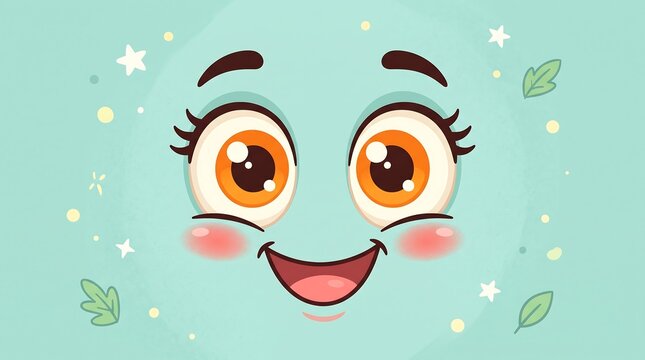 Cute cartoon face with big eyes, happy smiling emoji character, cheerful teal background with stars and leaves
