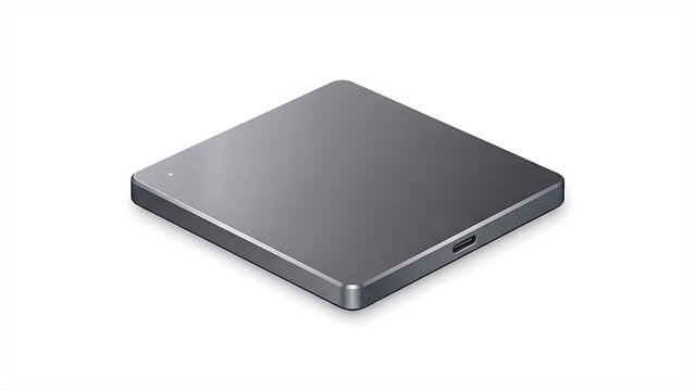 Ultra-slim portable external hard disk with square modern design isolated on white background