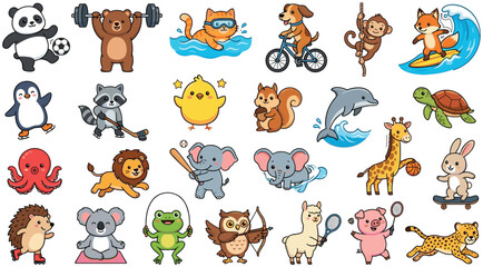 Obraz premium Cute Animal Sports Character Collection with Panda, Bear, Cat, Dog, Monkey, Fox, Penguin, Raccoon, Dolphin, Giraffe, Rabbit and Wildlife Activities