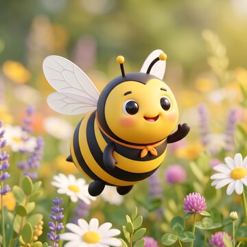 Cute 3D cartoon honey bee flying in sunny flower garden, adorable bumblebee character in spring meadow, cheerful insect illustration