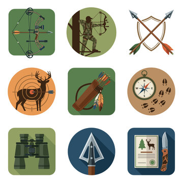 Set of nine flat design hunting icons featuring compound bow, archery equipment, hunter silhouette, deer target, quiver, compass, binoculars, broadhead, and hunting license.
