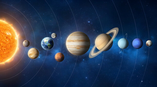 Solar system model displays planets in orbit around sun on dark blue cosmic space background with star constellations.