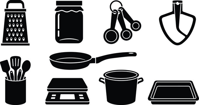 Black and white vector icon set of kitchen tools cooking utensils cookware and culinary accessories collection