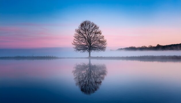 single tree stands alone on misty water its reflection mirrors perfectly in calm surface sky fades gently from pale pink to soft blue