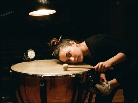 Timpani percussionist resting beside concert drum in dark studio