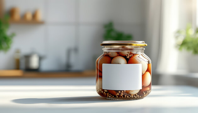 Glass jar of pickled pearl onions with mustard seeds and blank label on kitchen counter for food packaging mockup and recipe ingredient display in bright natural light