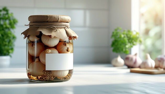 High fidelity close-up of glass jar with pickled garlic on kitchen counter for culinary projects and organic food preservation