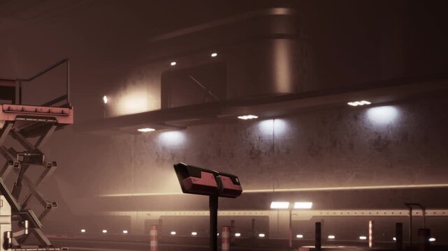 A workspace is filled with machinery and equipment. The scene has low lighting with soft highlights. There are tools and structures visible. The atmosphere shows a sense of function and purpose.