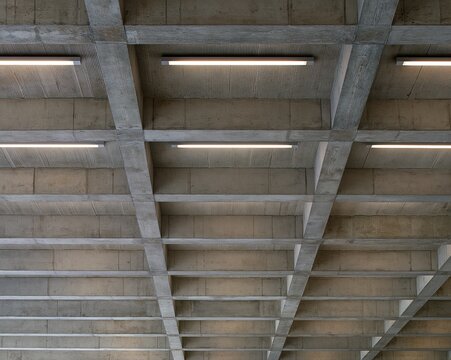 Grey concrete ceiling with board-marked texture and recessed strip lighting, a clean structural background for office and workplace design
