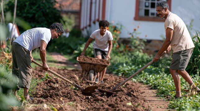 South Asian couple using hoes to till a potato row in a sunny garden, natural scene of shared labor for sustainable agriculture and smallholding