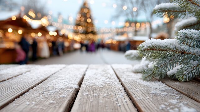 Frosted wooden deck foreground with closeup pine branch and blurred christmas market bokeh for holiday product photography, seasonal poster, website hero image and festive event promotion