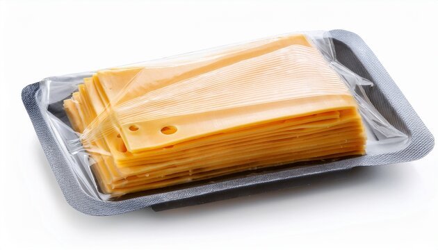 vacuum sealed cheese slices in plastic packaging isolated on white background or white background