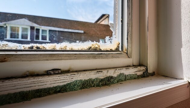 window corner with mold showing damage and neglect in a residential area during daylight