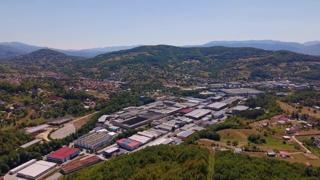 Ultra Wide Aerial View of Pretis Industrial Zone and Surrounding Hills in Vogosca Near Sarajevo
