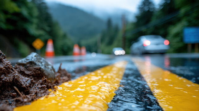 Close up road centerline and cones near mudslide area on mountain route for traffic control notice, road maintenance update, public works alert and commuter detour information