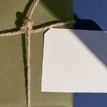 Jute twine knot tied on a kraft paper parcel with a blank gift tag, featuring tactile woven textures and long shadows for packaging mockups