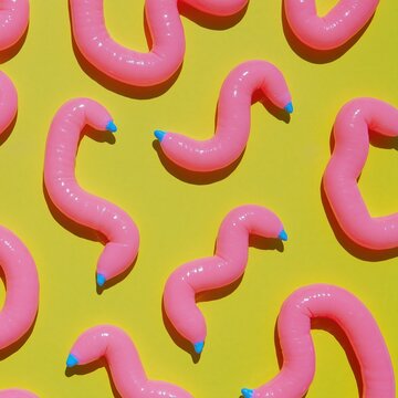 Wacky pomo pink squiggles with cyan tips on a bright yellow background, featuring glossy extruded shapes and soft shadows for a playful design