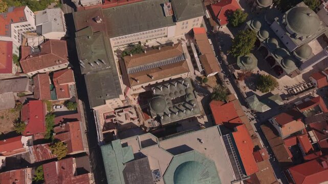 Gazi Husrev Beg Mosque and Library Top Down Aerial Reveal of Sarajevo Old Town Ba&scaron;čar&scaron;ija Bosnia
