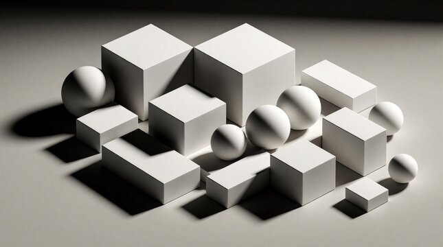 Arrangement of white geometric solids including cubes spheres and rectangular prisms on a neutral surface. Forms create abstract composition with deep shadows light.