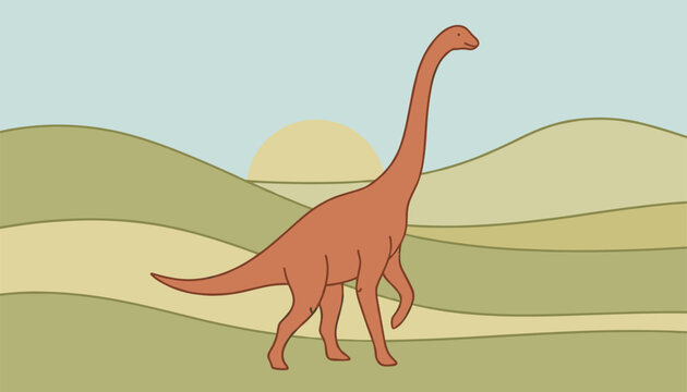 Large brown sauropod dinosaur walking through a calm prehistoric landscape of hills with a setting sun in background.