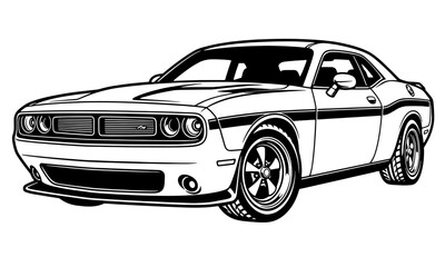 Naklejka premium Clean and sleek black and white vector illustration of a retro-modern muscle car with side body graphics and custom alloy wheels.