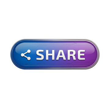 Futuristic glossy Share button with metallic frame and social media icon isolated on black background for ui ux interface