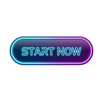 Futuristic neon Start Now web button with glowing cyan and purple border isolated on black background for ui ux interface