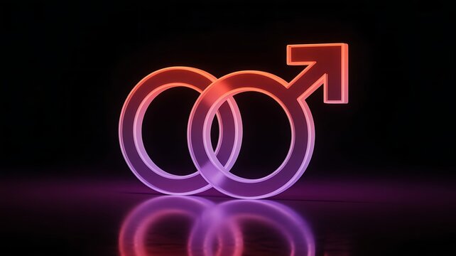 3D Render of Interlocking Male and Female Gender Symbols with Glowing Neon Lighting and Reflective Surface