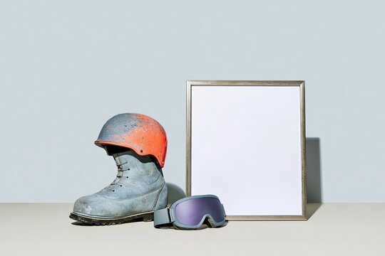 Blank season opening board with a brushed metal frame, paired with weathered ski gear for winter resort preparation and mockup use