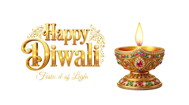 Golden happy diwali text greeting with a glowing decorative oil lamp