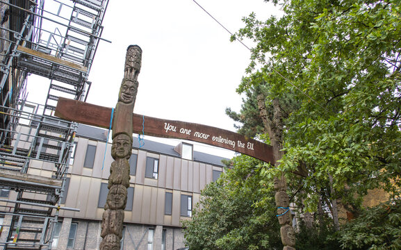 Christianshavn totem poles welcoming visitors entering Freetown Christiania