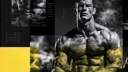 Obraz premium High contrast muscular male portrait with grayscale texture, yellow blocks and barcode graphics for edgy fitness campaign design.