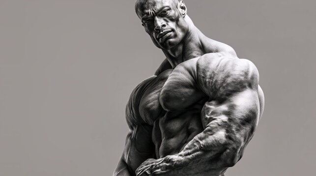 Powerful grayscale bodybuilder portrait with massive muscular definition and dramatic studio lighting on gray background for premium fitness advertising.

