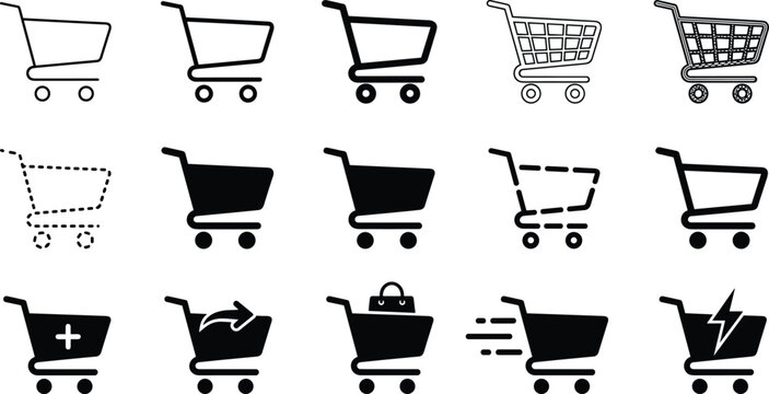 Shopping cart icons set, Ecommerce basket symbols, Online shopping icons, Cart vector collection. Shopping cart icon for apps and websites.