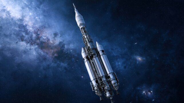 Sleek silver rocket poised for launch against vast universe
