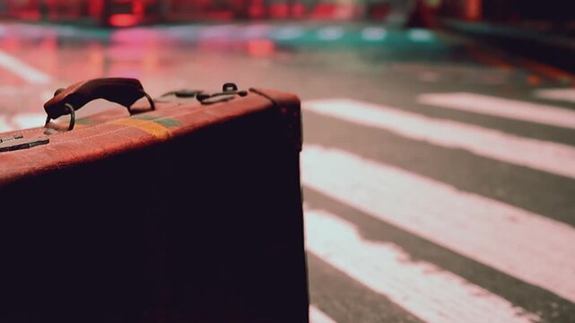A brown suitcase sits on a wet street with bright lights reflected. The scene is at night in a busy city area. People can be seen in the background moving about.