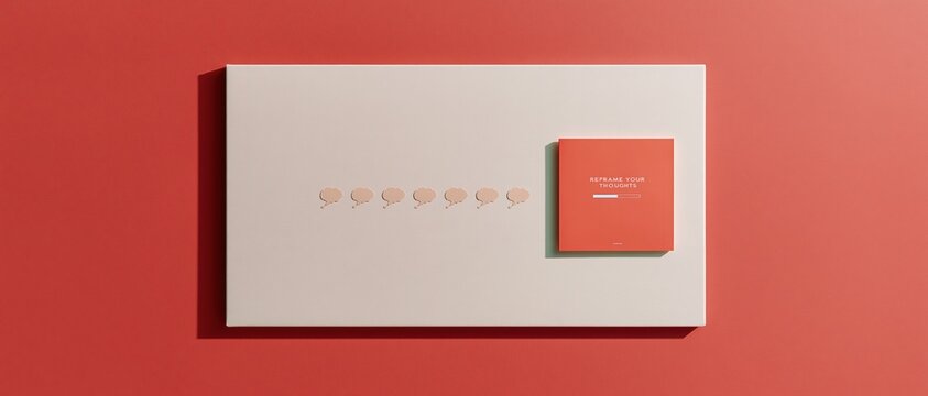 Concept board with a sequence of thought symbols and the phrase reframe your thoughts, featuring a soft matte finish and copy space for mental health education