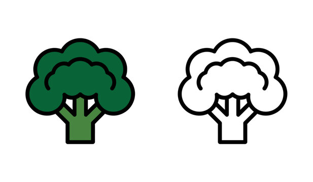 Green broccoli crown and black line outline icon pair on white background vector.