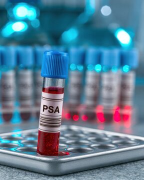 In a laboratory setting, a blood sample vial with a blue cap is placed on a tray, focused on PSA screening under cool light.