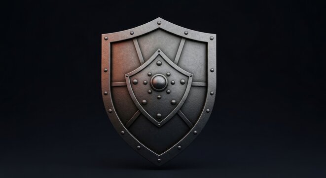 A metallic shield, dark grey with orange hues, features rivets and an inner boss.  It's displayed against a dark background