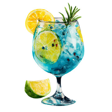 Watercolor illustration of a gin and tonic cocktail in a clear glass with lemon and lime slices, garnished with rosemary, showcasing vibrant colors and refreshing details