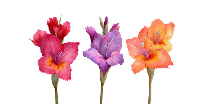 Watercolor illustration clipart cutout of three gladiolus flowers in red, purple, and orange colors with green stems on a white background