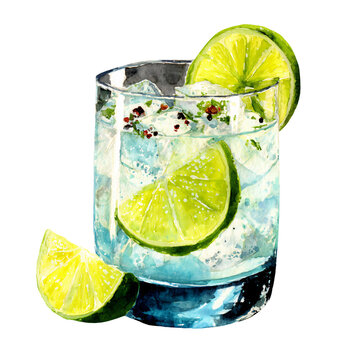 Watercolor illustration of a gin and tonic cocktail in a clear glass with ice, garnished with lime slices and black pepper, featuring a vibrant and refreshing appearance