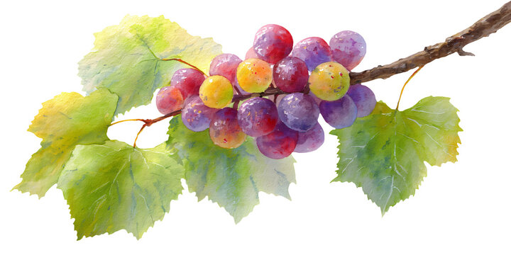 Watercolor illustration clipart cutout of a bunch of grapes with green leaves on a vine, showcasing various shades of purple, red, and yellow grapes