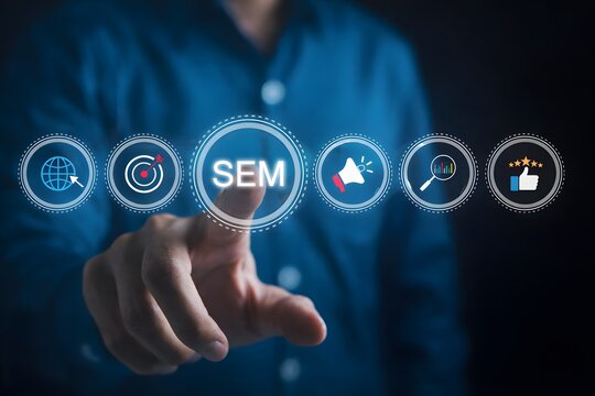 SEM, Search Engine Marketing Concept. Businessman point SEM related icons, symbolizing search engine optimization marketing ranking, and online advertising strategies. Digital marketing, SEO strategy,