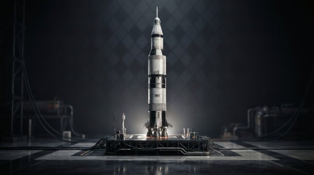 A tall space rocket standing vertically on a metal launch pad inside a dark hangar with upright platform within lit industrial facility large multi stage